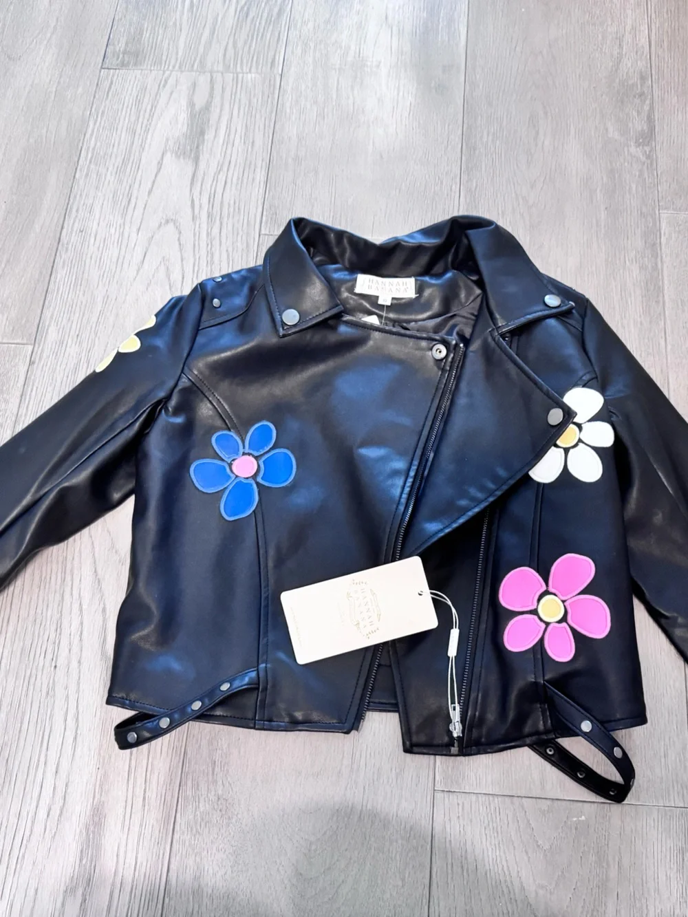 Black Faux Leather Floral Moto Jacket - Kids